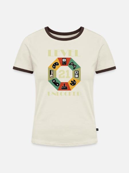 Level 21 Unlocked Geschenk - Frauen Kontrast-T-Shirt - Off-White/Dunkelbraun