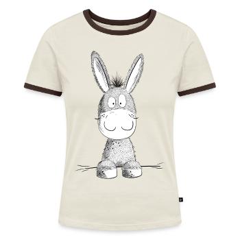 Happy Esel I Tiermotiv - Frauen Kontrast-T-Shirt - Off-White/Dunkelbraun - Vorne - AI Model Female 172 dark (172cm)