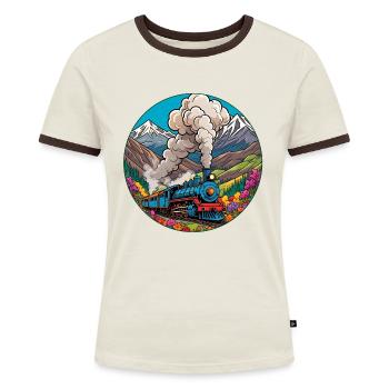 Nostalgischer Eisenbahnzug qualmender Lokomotive - Frauen Kontrast-T-Shirt - Off-White/Dunkelbraun - Vorne - AI Model Female 172 dark (172cm)