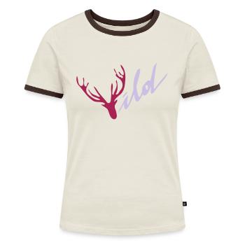 Wildhirsch - Frauen Kontrast-T-Shirt - Off-White/Dunkelbraun - Vorne - AI Model Female 172 dark (172cm)