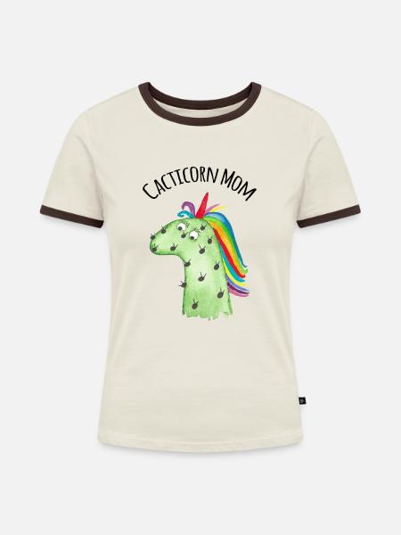 Cacticorn Mom - Frauen Kontrast-T-Shirt - Off-White/Dunkelbraun