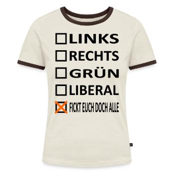 Links,Rechts,Grün,Liberal-Politik Satire Version 1 - Frauen Kontrast-T-Shirt - Off-White/Dunkelbraun - Vorne - AI Model Female 172 dark (172cm)