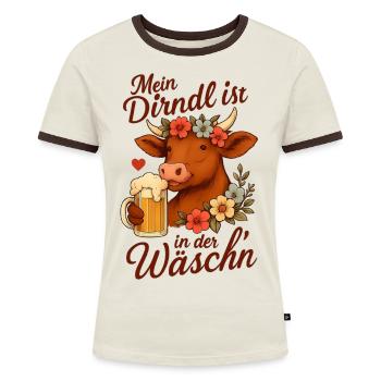 Mein Dirndl ist in der Wäsche – Frauen Shirt Fun - Frauen Kontrast-T-Shirt - Off-White/Dunkelbraun - Vorne - AI Model Female 172 dark (172cm)