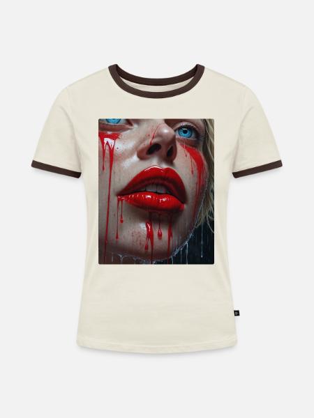 Rote Lippen der Frau - Frauen Kontrast-T-Shirt - Off-White/Dunkelbraun
