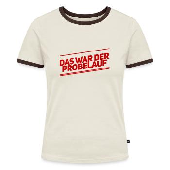 ich musste es testen - Frauen Kontrast-T-Shirt - Off-White/Dunkelbraun - Vorne - AI Model Female 172 dark (172cm)