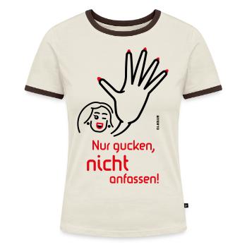Nur Gucken, Nicht Anfassen! (Friendly / 2C) - Frauen Kontrast-T-Shirt - Off-White/Dunkelbraun - Vorne - AI Model Female 172 dark (172cm)