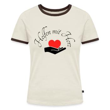 Helfen mit Herz Hand mit rotem Herz - Frauen Kontrast-T-Shirt - Off-White/Dunkelbraun - Vorne - AI Model Female 172 dark (172cm)