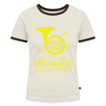 Waldhorn Waldhornspieler Hornist - Frauen Kontrast-T-Shirt - Off-White/Dunkelbraun - Vorne - AI Model Female 172 dark (172cm)