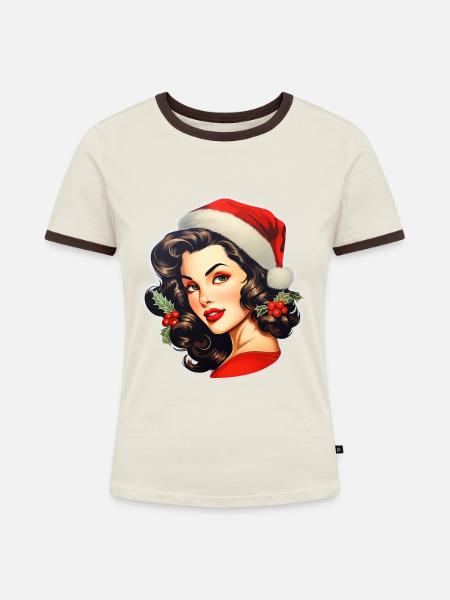 Frau mit Weihnachtsmütze - Frauen Kontrast-T-Shirt - Off-White/Dunkelbraun