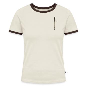 Schwert aus dem Mittelalter - Frauen Kontrast-T-Shirt - Off-White/Dunkelbraun - Vorne - AI Model Female 172 dark (172cm)