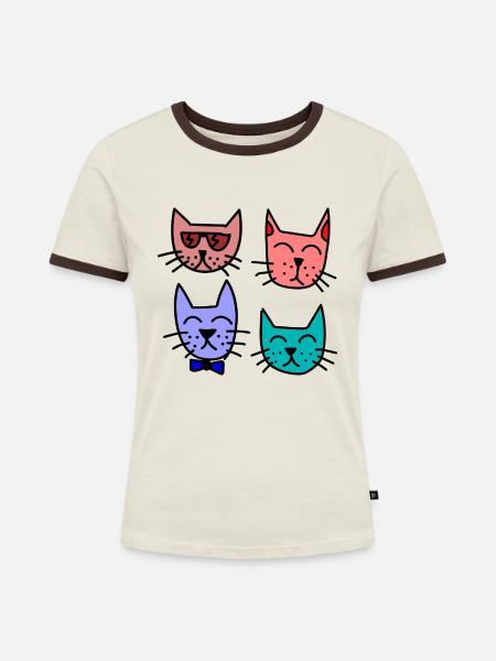 Bunte Katzen - Frauen Kontrast-T-Shirt - Off-White/Dunkelbraun