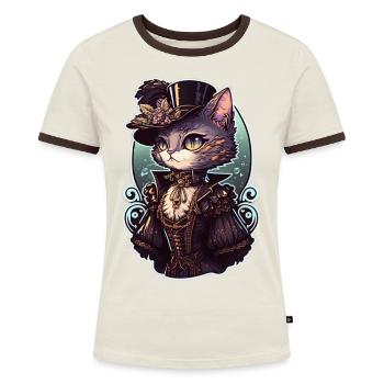 Viktorianische Steampunk Katze - Frauen Kontrast-T-Shirt - Off-White/Dunkelbraun - Vorne - AI Model Female 172 dark (172cm)