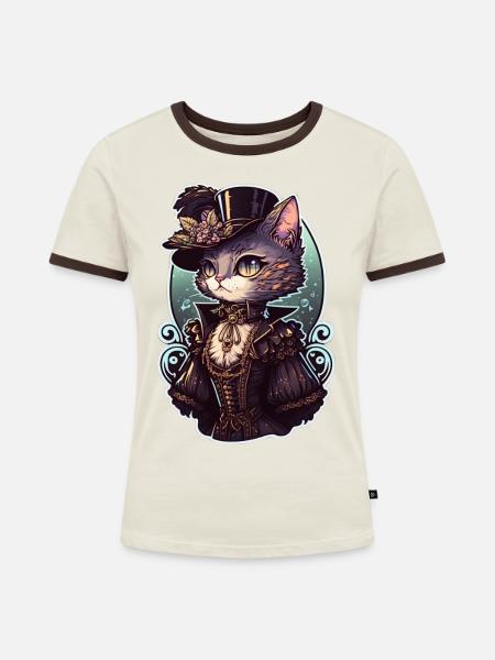 Viktorianische Steampunk Katze - Frauen Kontrast-T-Shirt - Off-White/Dunkelbraun