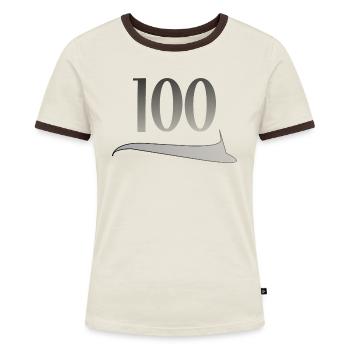 100. Geburtstag Hundertster 100 Jubiläum - Frauen Kontrast-T-Shirt - Off-White/Dunkelbraun - Vorne - AI Model Female 172 dark (172cm)