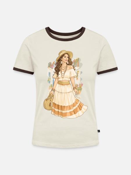 Ibiza - Frauen Kontrast-T-Shirt - Off-White/Dunkelbraun