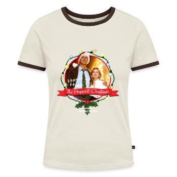 Schöne Bescherung Design The Happiest Christmas - Frauen Kontrast-T-Shirt - Off-White/Dunkelbraun - Vorne - AI Model Female 172 dark (172cm)