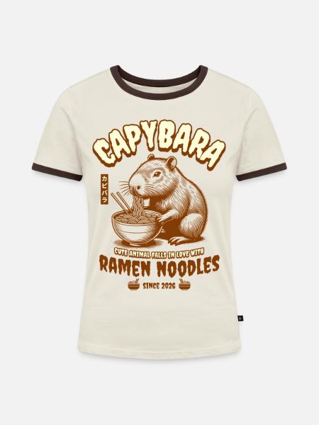 Capybara Ramen Nudeln Retro Kunst - Frauen Kontrast-T-Shirt - Off-White/Dunkelbraun