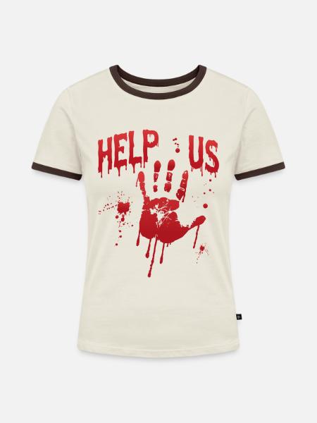 Blutiger Handabdruck Helfen Sie uns - Frauen Kontrast-T-Shirt - Off-White/Dunkelbraun