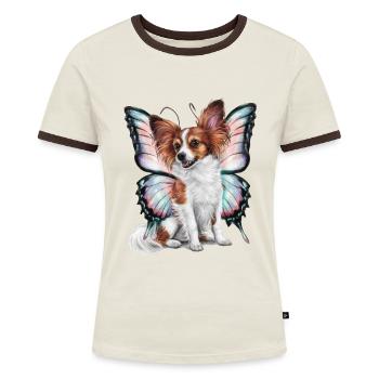 Cartoon Papillon Hund mit Schmetterlingsflügeln - Frauen Kontrast-T-Shirt - Off-White/Dunkelbraun - Vorne - AI Model Female 172 dark (172cm)