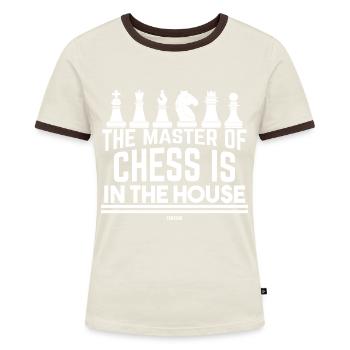 Schachspieler Schachfiguren Schachverein - Frauen Kontrast-T-Shirt - Off-White/Dunkelbraun - Vorne - AI Model Female 172 dark (172cm)