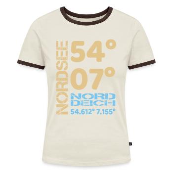 Nordsee Norddeich Koordinaten Ostfriesland Norden - Frauen Kontrast-T-Shirt - Off-White/Dunkelbraun - Vorne - AI Model Female 172 dark (172cm)