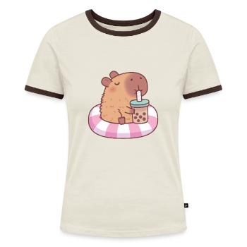Niedliches Wasserschwein auf Pool schwimmt Bubble Tea - Frauen Kontrast-T-Shirt - Off-White/Dunkelbraun - Vorne - AI Model Female 172 dark (172cm)