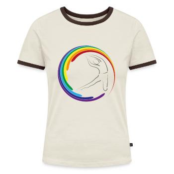 Yoga Baum und Chakren - Frauen Kontrast-T-Shirt - Off-White/Dunkelbraun - Vorne - AI Model Female 172 dark (172cm)