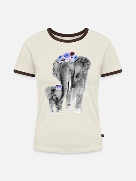 Mutter und Tochter Elefant - Frauen Kontrast-T-Shirt - Off-White/Dunkelbraun