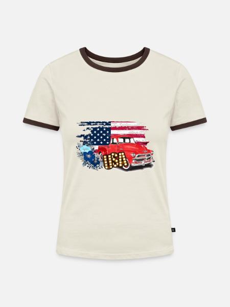 USA - Frauen Kontrast-T-Shirt - Off-White/Dunkelbraun