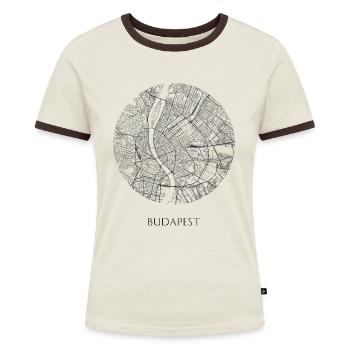 Karte von Budapest im Kreis - Frauen Kontrast-T-Shirt - Off-White/Dunkelbraun - Vorne - AI Model Female 172 dark (172cm)
