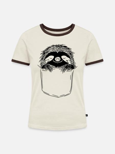 Schlafendes Faultier in Brusttasche - Frauen Kontrast-T-Shirt - Off-White/Dunkelbraun