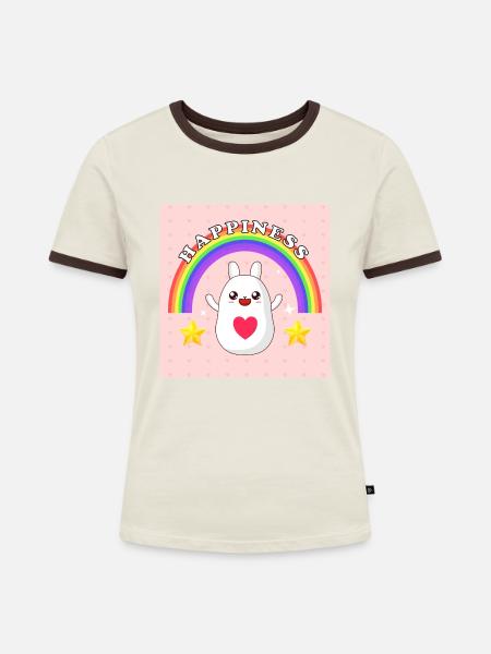 Happiness Hase mit Regenbogen - Frauen Kontrast-T-Shirt - Off-White/Dunkelbraun