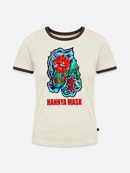 Hannya Mask - Frauen Kontrast-T-Shirt - Off-White/Dunkelbraun