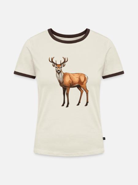Hirsch Tier - Frauen Kontrast-T-Shirt - Off-White/Dunkelbraun