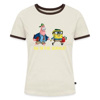 Spongebob Schwammkopf Mit Patrick Ab In Die Schule - Frauen Kontrast-T-Shirt - Off-White/Dunkelbraun - Vorne - AI Model Female 172 dark (172cm)
