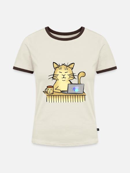 Office Cat - Frauen Kontrast-T-Shirt - Off-White/Dunkelbraun