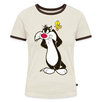 Looney Tunes Sylvester Und Tweety Pose Jagd - Frauen Kontrast-T-Shirt - Off-White/Dunkelbraun - Vorne - AI Model Female 172 dark (172cm)