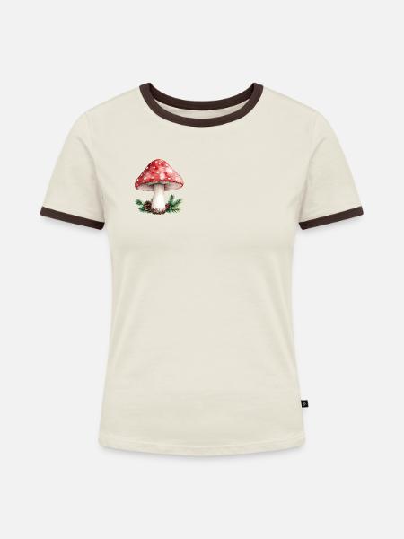 Roter Paddelpilz-Aquarell-Wald-Pilzzapfen - Frauen Kontrast-T-Shirt - Off-White/Dunkelbraun