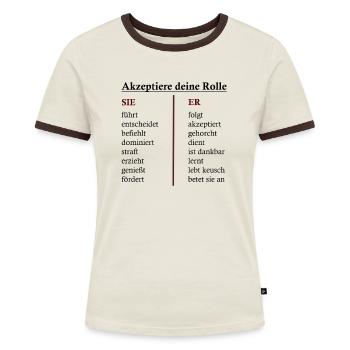domsub-clothing.com - Frauen Kontrast-T-Shirt - Off-White/Dunkelbraun - Vorne - AI Model Female 172 dark (172cm)