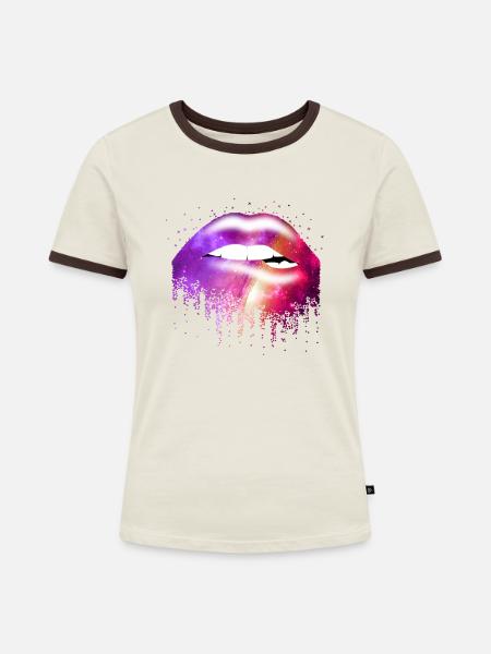 Galaxy Lip - Frauen Kontrast-T-Shirt - Off-White/Dunkelbraun