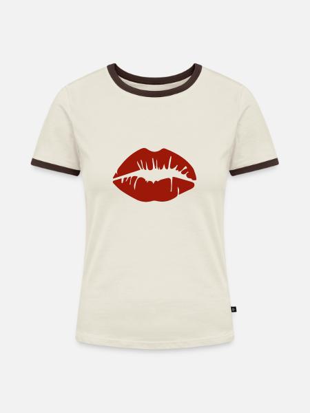 LIPS - Frauen Kontrast-T-Shirt - Off-White/Dunkelbraun