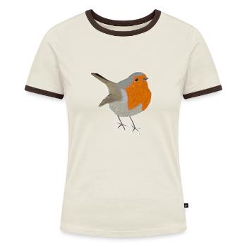 jz.birds Rotkehlchen Vogel Design - Frauen Kontrast-T-Shirt - Off-White/Dunkelbraun - Vorne - AI Model Female 172 dark (172cm)