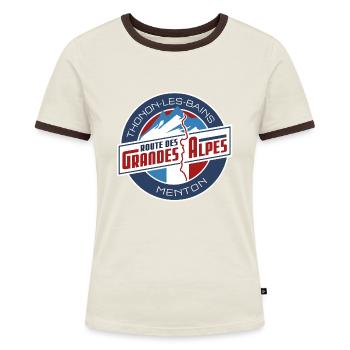 Route des Grandes Alpes | Thonon - Menton - Frauen Kontrast-T-Shirt - Off-White/Dunkelbraun - Vorne - AI Model Female 172 dark (172cm)