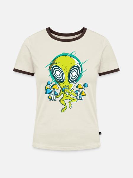 Alien mit Pilzen Hypnose. - Frauen Kontrast-T-Shirt - Off-White/Dunkelbraun
