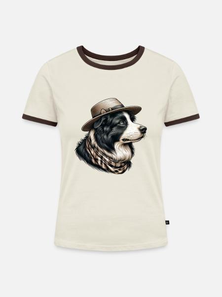 Border Collie mit Strohhut - Frauen Kontrast-T-Shirt - Off-White/Dunkelbraun