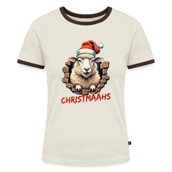 flauschige Weihnachten, wolliges Christmas Sheep - Frauen Kontrast-T-Shirt - Off-White/Dunkelbraun - Vorne - AI Model Female 172 dark (172cm)