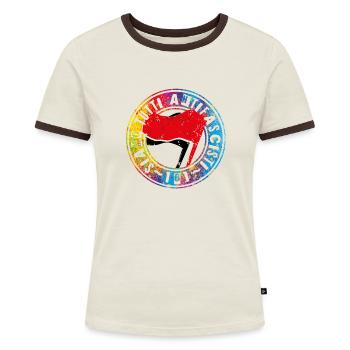 Siamo Tutti Antifascisti 161 Antifa - Frauen Kontrast-T-Shirt - Off-White/Dunkelbraun - Vorne - AI Model Female 172 dark (172cm)