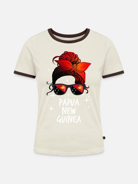 Papua-Neuguinea - Frauen Kontrast-T-Shirt - Off-White/Dunkelbraun