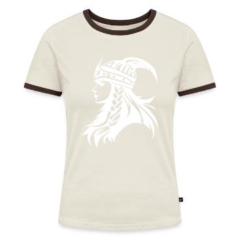 Wikinger Kriegerin Walküre Symbol - Frauen Kontrast-T-Shirt - Off-White/Dunkelbraun - Vorne - AI Model Female 172 dark (172cm)