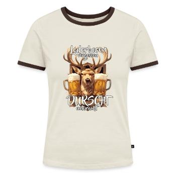 Lustiges Kostüm für Trachtenhemd - Frauen Kontrast-T-Shirt - Off-White/Dunkelbraun - Vorne - AI Model Female 172 dark (172cm)
